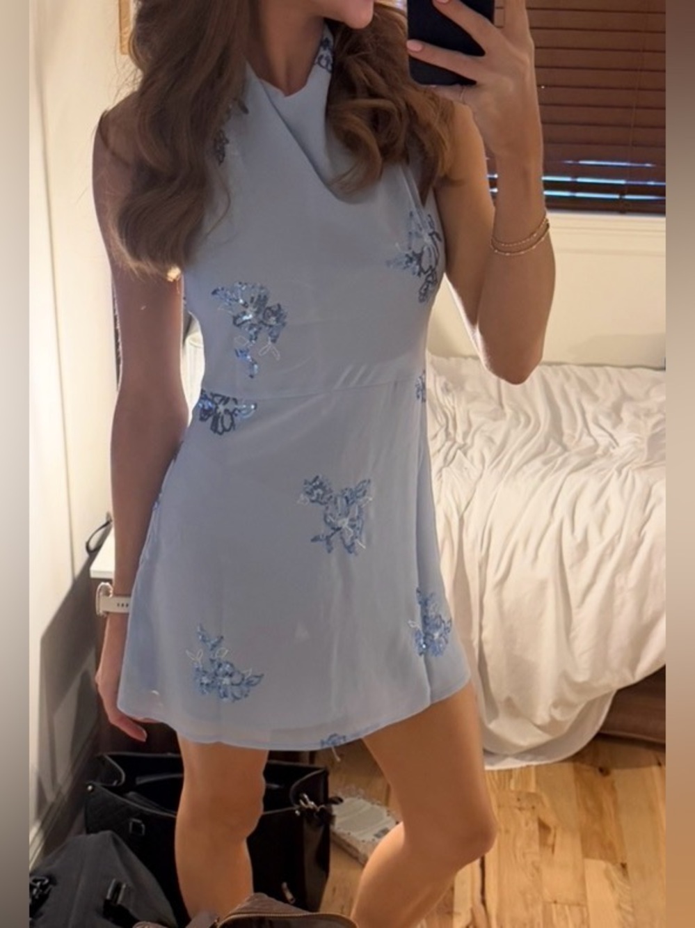 Showpo Light Blue Embroidered Halter Mini Dress